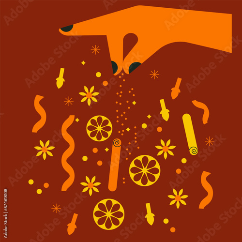 Mulled wine cooking. Sprinkling hand gesture. Red wine with citrus and spices. Winter season hot drink recipe. Hot glintwine drink with cinnamon, anise star, orange fruit. Flat abstract style, vector.