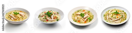 Chicken noodle soup in a bowl, on white background