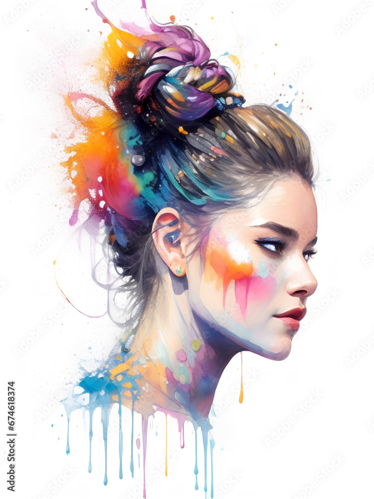 Naklejka premium Portrait of beautiful woman with messy bun, creative make-up and colorful blots. Watercolor illustration