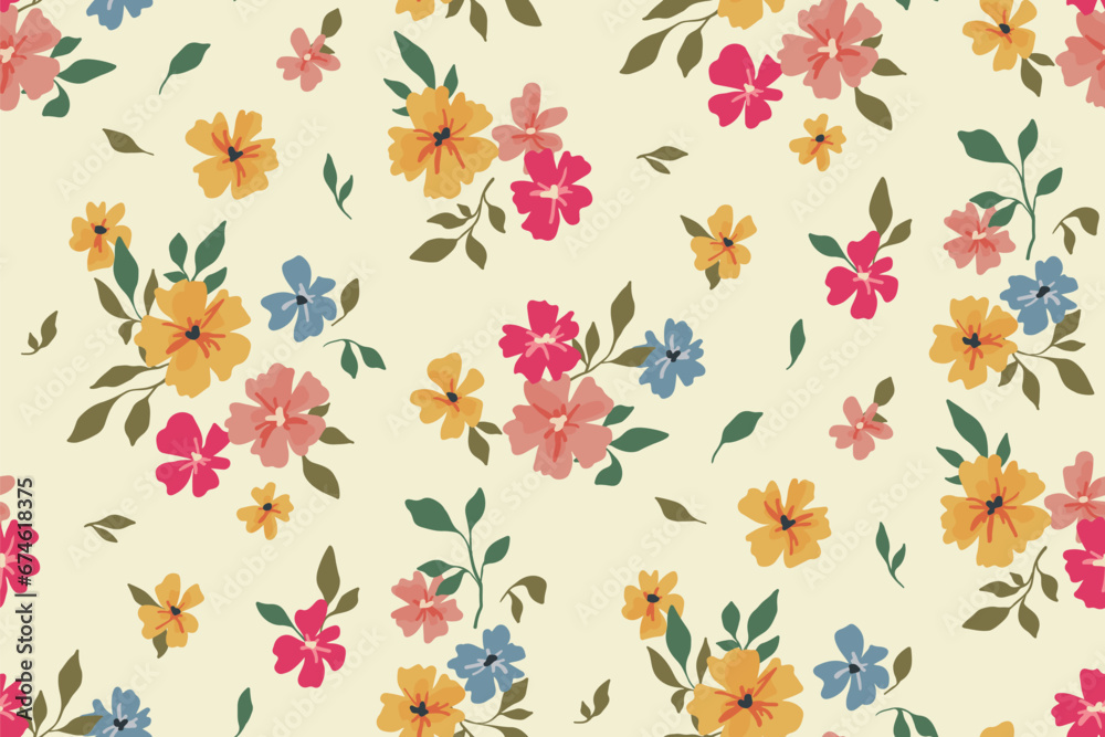 Seamless floral pattern, liberty ditsy print with simple plants, colorful summer meadow. Cute botanical design: small hand drawn flowers, tiny abstract leaves on a light field. Vector illustration. Seamless floral pattern, liberty ditsy print with simple plants, colorful summer meadow. Cute botanical design: small hand drawn flowers, tiny abstract leaves on a light field. Vector illustration.