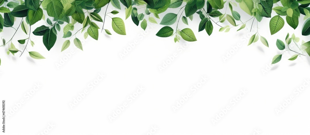 An abstract summer pattern of green leaves and trees creates a vibrant texture forming a beautiful frame against a white background perfect as a wallpaper for your garden or nature inspired