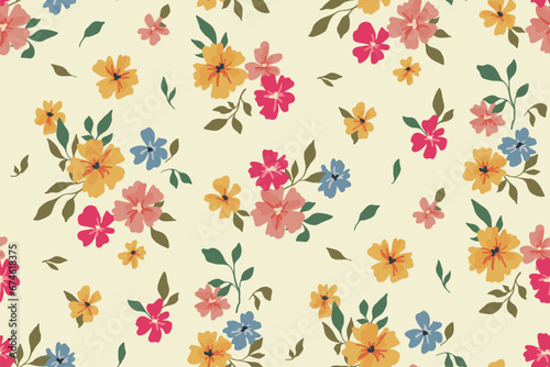 Seamless floral pattern, liberty ditsy print with simple plants, colorful summer meadow. Cute botanical design: small hand drawn flowers, tiny abstract leaves on a light field. Vector illustration.