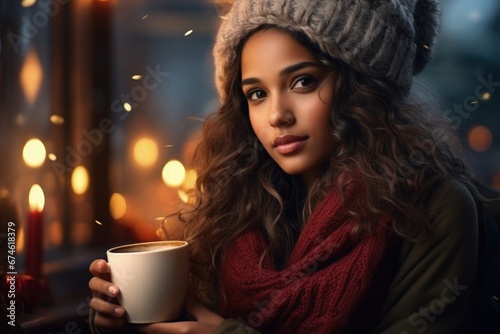 Beautiful African Woman holding a Cup of Coffee Outdoor Snowing Merry Christmas Cold Winter depicting Warmth Waiting for Love and Romance Wondering