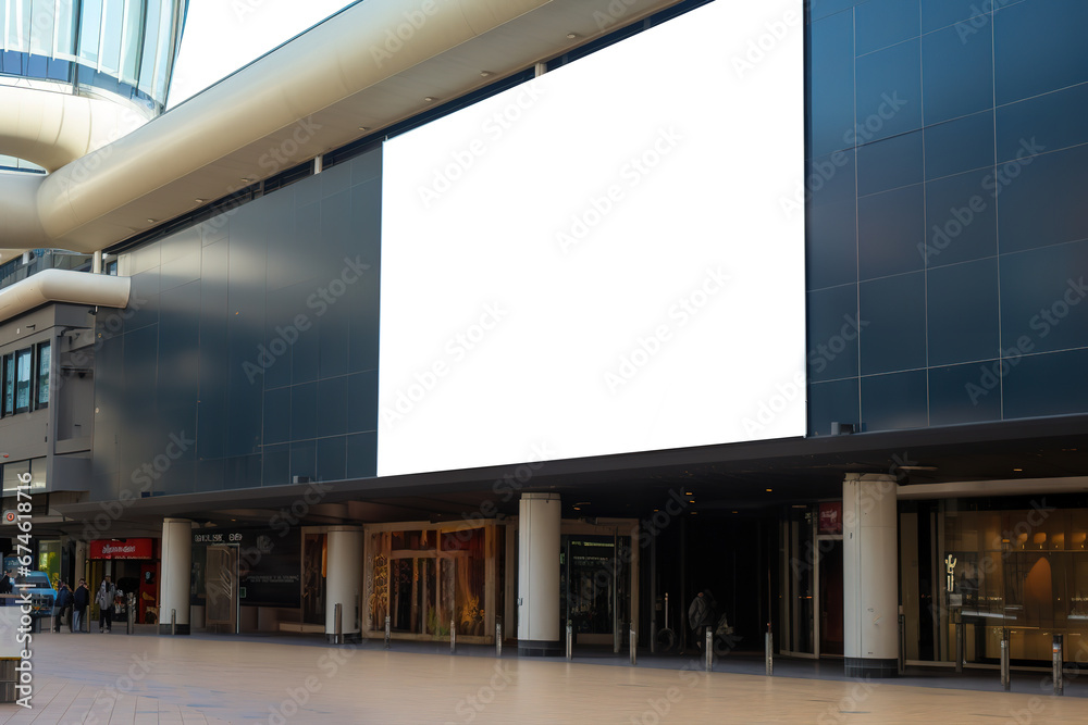 Blank white billboard on shopping centre, big empty outside advertising poster, city street mock up, concept of marketing communication to promote or sell idea.
