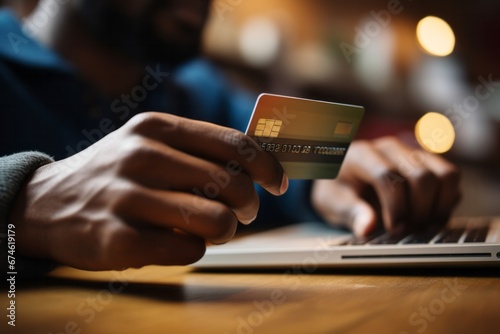 An individual using a desktop computer to make an online purchase with a credit card