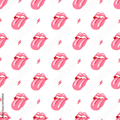 Seamless pattern with pink lips and tongue, lightning. Half-open mouth with teeth and tongue sticking out. Love, kiss concept. Sexy lips. Trendy hand drawn vector illustration