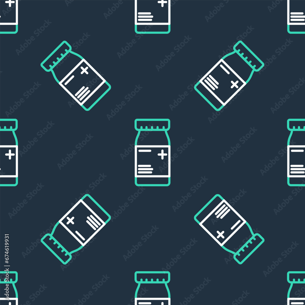 Line Medicine bottle and pills icon isolated seamless pattern on black background. Bottle pill sign. Pharmacy design. Vector