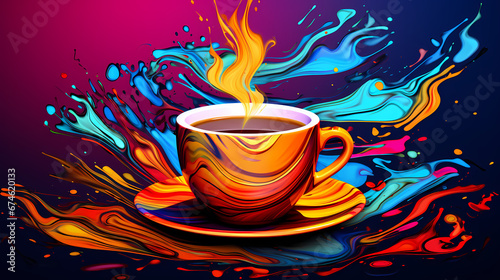 A pop art representation of a splash of coffee  with vibrant  contrasting colors that transform the act of drinking coffee into a dynamic visual experience