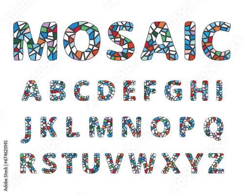 Fototapeta Naklejka Na Ścianę i Meble -  Mosaic colourful alphabet set isolated on white background. Cartoon flat style. Vector illustration
