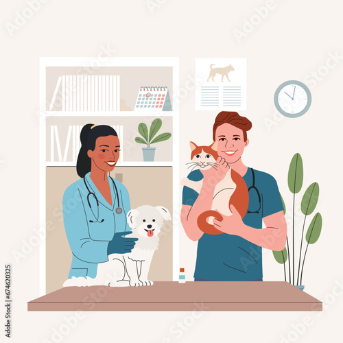 Pet veterinary clinic. Veterinary doctors with animals. Vector flat cartoon illustration