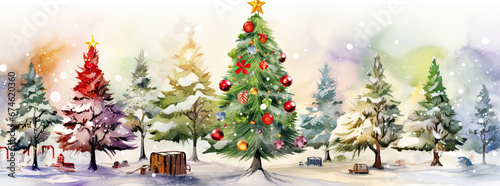 watercolor of Christmas forest photo