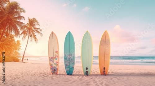 standing surf board on the summer beach sand with palm trees