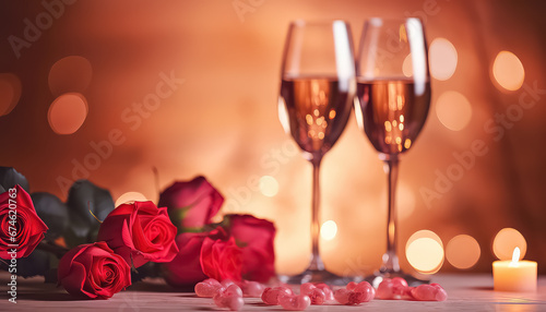 Two glasses of wine on a homogeneous blurred background  valentine s day concept