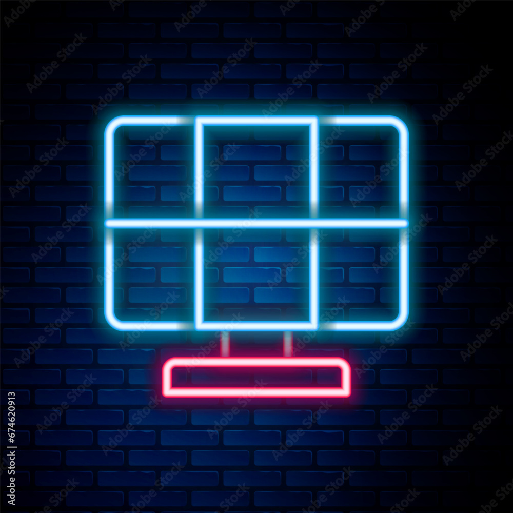 Glowing neon line Solar energy panel icon isolated on brick wall background. Colorful outline concept. Vector Glowing neon line Solar energy panel icon isolated on brick wall background. Colorful outline concept. Vector