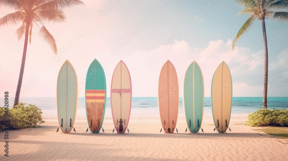 standing surf board on the summer beach sand with palm trees - obrazy, fototapety, plakaty 