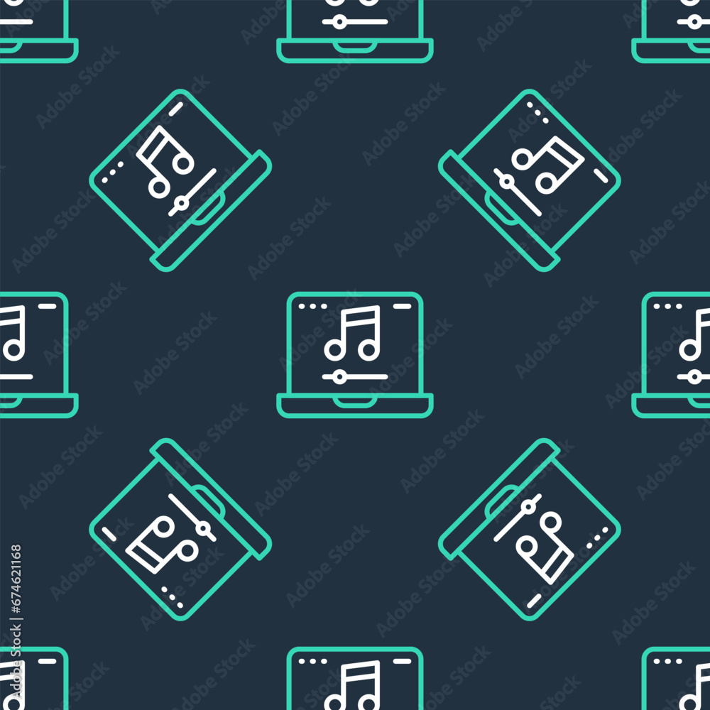 Line Laptop with music note symbol on screen icon isolated seamless pattern on black background. Vector