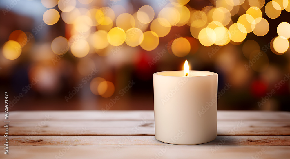 Close up of a burning candle with blurred Christmas background and copy space for text Close up of a burning candle with blurred Christmas background and copy space for text