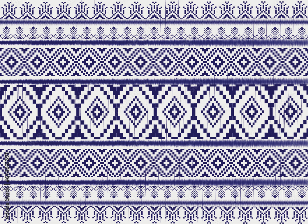 Tribal pattern ikat aztec beautiful art blue white background abstract ethnic folk embroidery geometric shapes wallpaper background vector illustration print decorative design classical