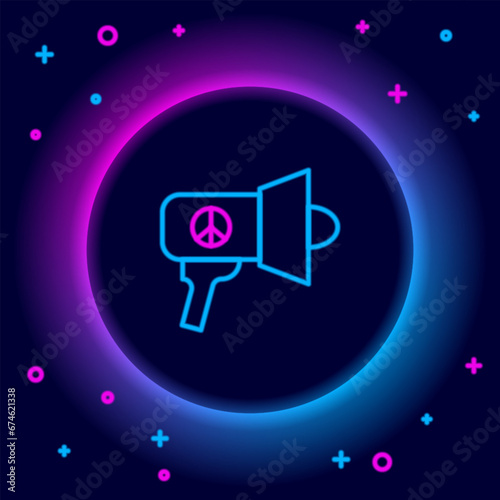 Glowing neon line Megaphone icon isolated on black background. Speaker sign. Colorful outline concept. Vector