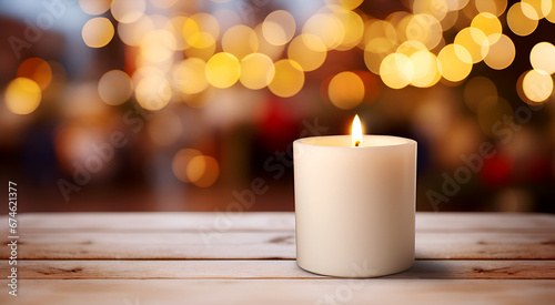 Close up of a burning candle with blurred Christmas background and copy space for text