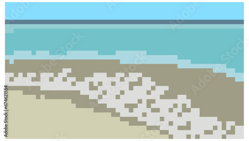 background landscape. 8bit arcade seascape vector background or 16 bit console sea sunset backdrop  Indie pixel game tropical nature screen wallpaper, 8 bit pixel art, 