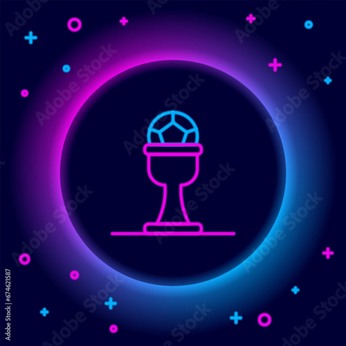 Glowing neon line Award cup and football ball icon isolated on black background. Winner trophy symbol. Championship or competition trophy. Colorful outline concept. Vector