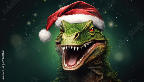 Green Chinese dragon in santa claus hat, new year concept