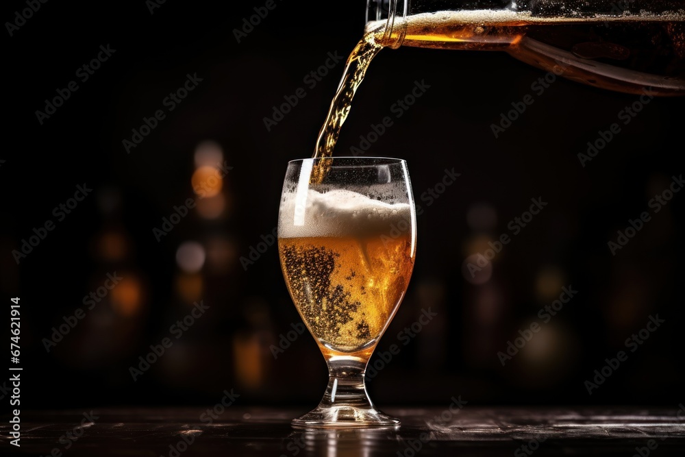 Bartender pours beer from glass bottle - obrazy, fototapety, plakaty 