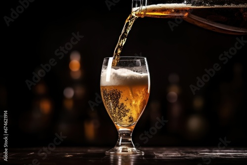 Bartender pours beer from glass bottle