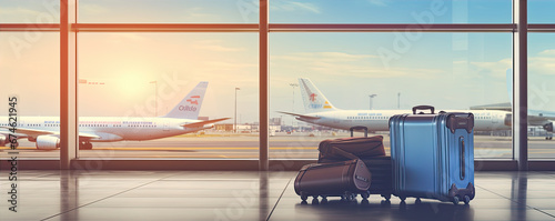 Luggage suitcase in airport with airplane. generative ai