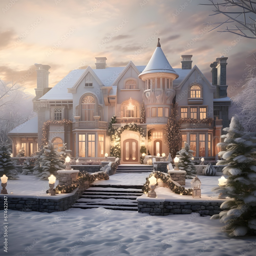 Beautiful winter landscape with snow-covered house. Christmas and New Year concept.