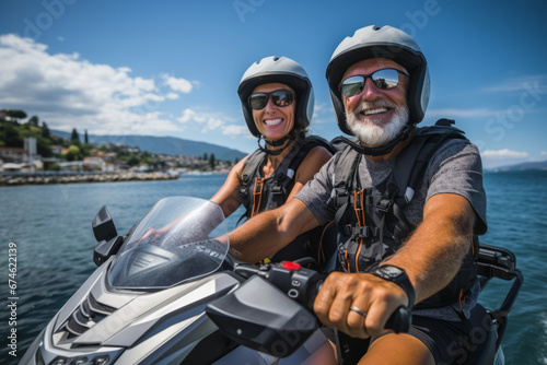 Cheerful senior Caucasian couple in safety helmets and life vests riding jet ski on a lake or along sea coast. Active elderly people having fun on water scooter. Healthy lifestyle for retired persons.