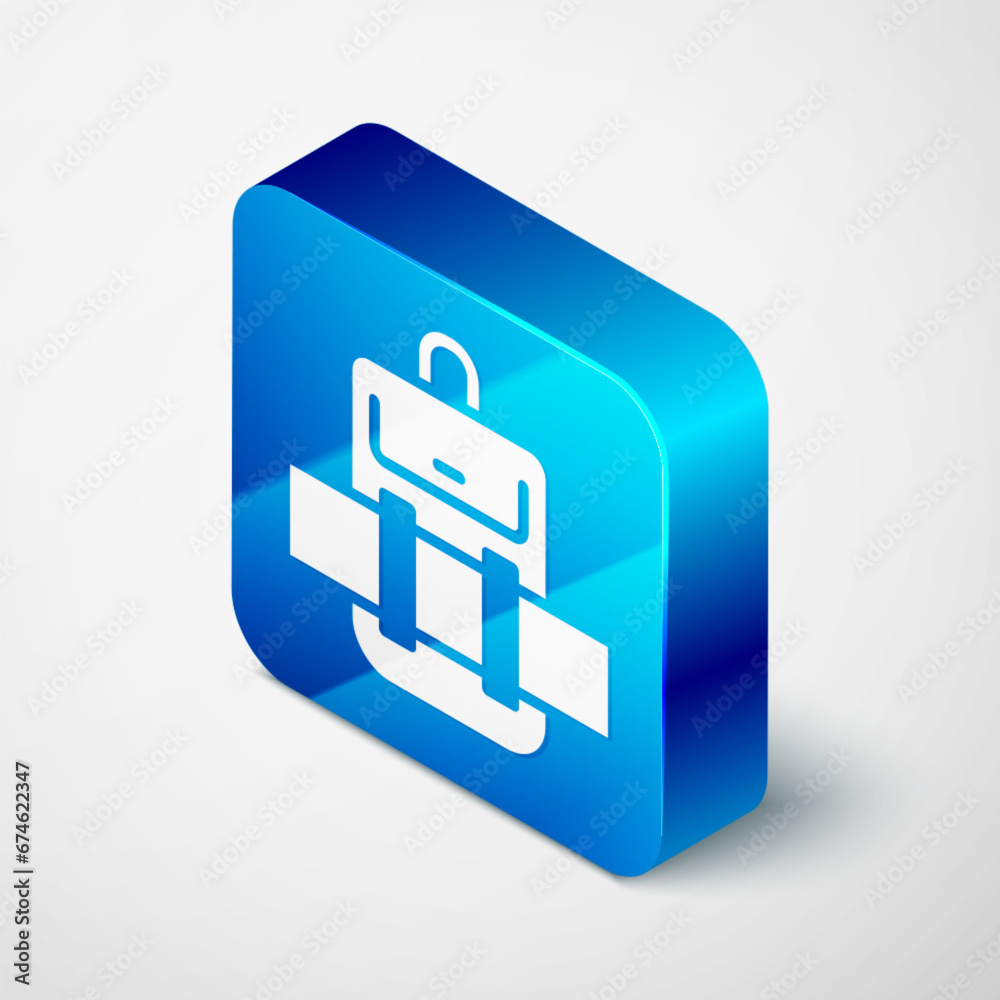 Isometric Hiking backpack icon isolated on grey background. Camping and mountain exploring backpack. Blue square button. Vector Isometric Hiking backpack icon isolated on grey background. Camping and mountain exploring backpack. Blue square button. Vector