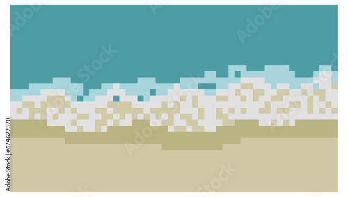 landscape. 8bit arcade seascape vector background or 16 bit console sea sunset backdrop  Indie pixel game tropical nature screen wallpaper, 8 bit pixel art, 