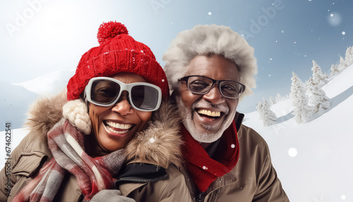 Portrait selfie of two happy people together in winter forest