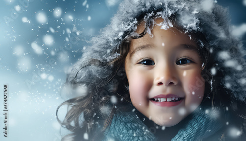 Portrait of a small child with snowflakes on a uniform background