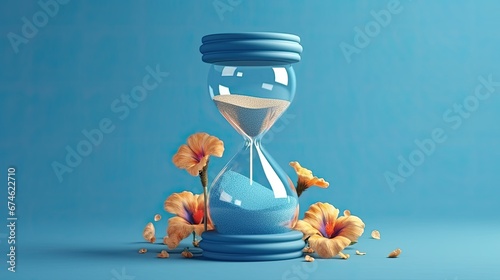 Hour Glass clock with flowers on blue background