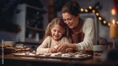 Mother and daughter baking christmas cookies for the coming celebrations, generative ai.