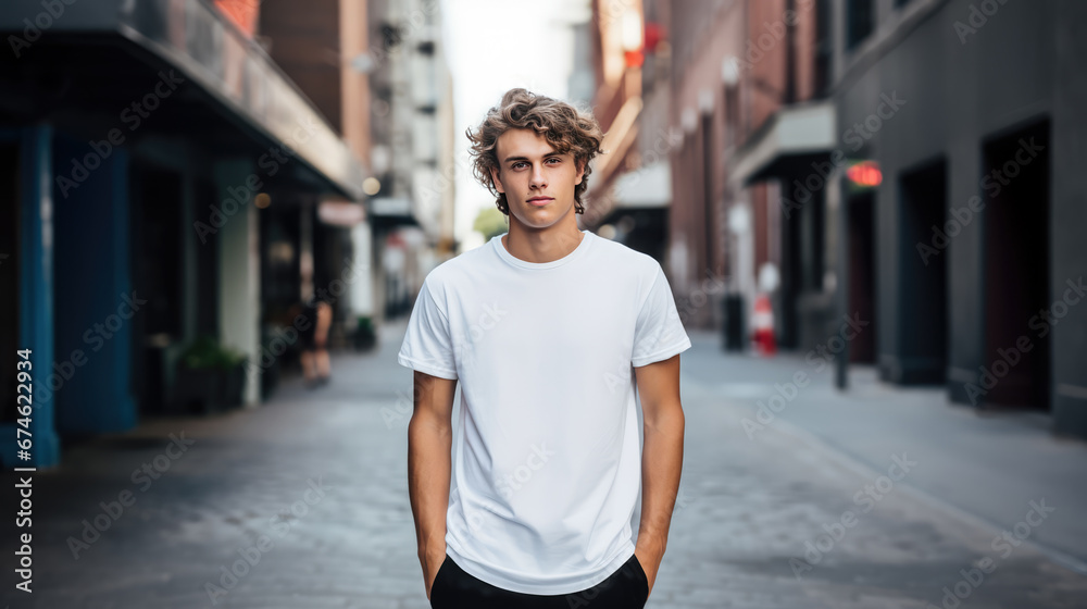 Young sporty guy in a white shirt, mockup, street, generative ai.