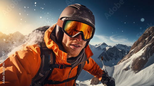 An extreme closeup of a guy on ski, sporty, advertising, generative ai.