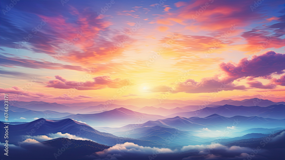 Autumn sunrise cloudy sky over mountains; Abstract colorful peaceful sky background