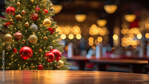 Leinwand Poster mesa de madera, arbol de navidad y decoraciones navideñas con fondo de bar o restaurante desenfocado con bokeh dorado
