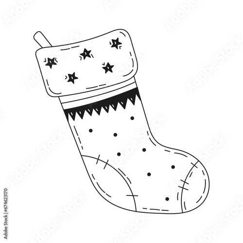 Cute Christmas stocking for gifts in doodle style. Childrens coloring book. Hand drawn vector stock illustration on isolated white background.