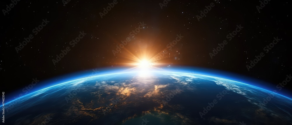 the horizon of the Earth planet, space shines in the darkness,glimps of sun ray  