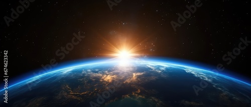 the horizon of the Earth planet, space shines in the darkness,glimps of sun ray 