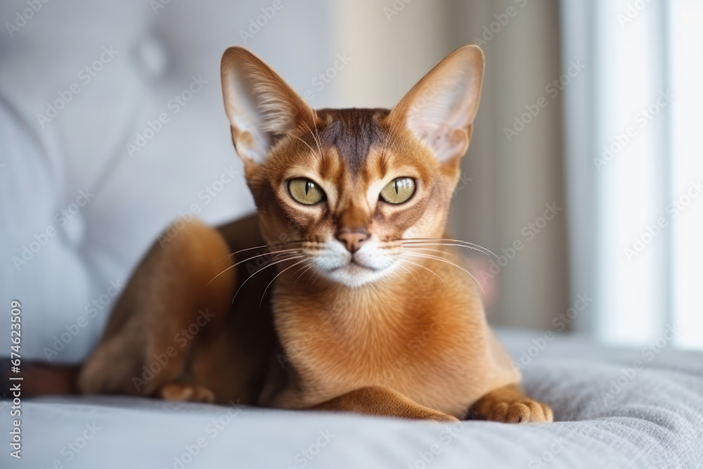 Red Abyssinian cat cat lying relaxed and sleepy on couch at home in modern interior of living room. Red Abyssinian cat cat lying relaxed and sleepy on couch at home in modern interior of living room.