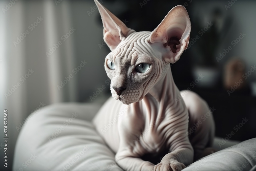 Sphynx cat cat lying relaxed and sleepy on couch at home in modern interior of living room.