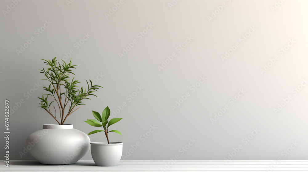 Clean product display mockup with white wall and indoor plant background