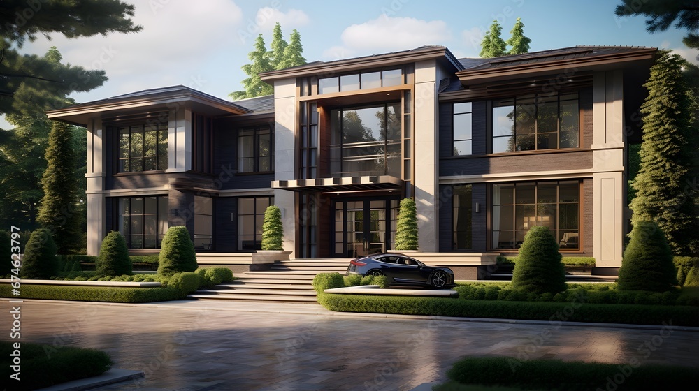 Modern luxury house in the garden. Panoramic view of a modern luxury house.