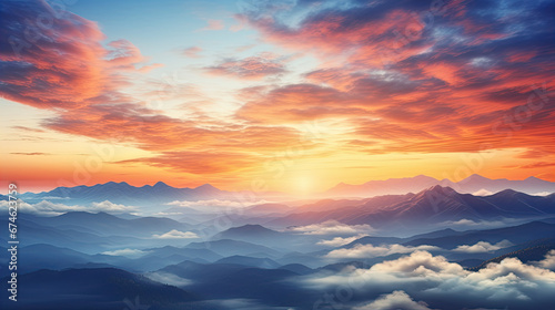 Autumn sunrise cloudy sky over mountains  Abstract colorful peaceful sky background © Ziyan